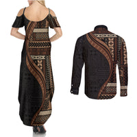 Samoa Siapo Motif and Tapa Pattern Half Style Couples Matching Summer Maxi Dress and Long Sleeve Button Shirt Black Color LT03 - Polynesian Pride