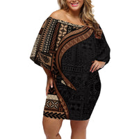 Samoa Siapo Motif and Tapa Pattern Half Style Off Shoulder Short Dress Black Color LT03 Women Black - Polynesian Pride