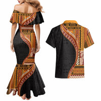 Samoa Siapo Motif and Tapa Pattern Half Style Couples Matching Mermaid Dress and Hawaiian Shirt Yellow Color LT03 - Polynesian Pride