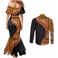 Samoa Siapo Motif and Tapa Pattern Half Style Couples Matching Mermaid Dress and Long Sleeve Button Shirt Yellow Color LT03 - Polynesian Pride