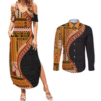 Samoa Siapo Motif and Tapa Pattern Half Style Couples Matching Summer Maxi Dress and Long Sleeve Button Shirt Yellow Color LT03 Yellow - Polynesian Pride