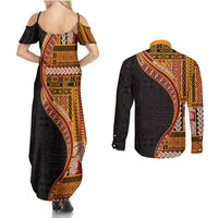 Samoa Siapo Motif and Tapa Pattern Half Style Couples Matching Summer Maxi Dress and Long Sleeve Button Shirt Yellow Color LT03 - Polynesian Pride