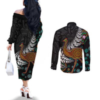 New Zealand Fern and Australia Emu Couples Matching Off The Shoulder Long Sleeve Dress and Long Sleeve Button Shirt Aboriginal Mix Maori Pattern