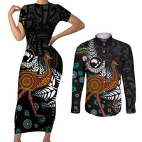 New Zealand Fern and Australia Emu Couples Matching Short Sleeve Bodycon Dress and Long Sleeve Button Shirt Aboriginal Mix Maori Pattern