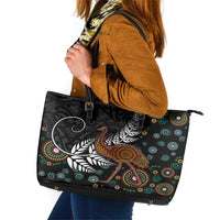 New Zealand Fern and Australia Emu Leather Tote Bag Aboriginal Mix Maori Pattern LT03 Blue - Polynesian Pride