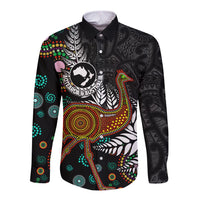New Zealand Fern and Australia Emu Long Sleeve Button Shirt Aboriginal Mix Maori Pattern