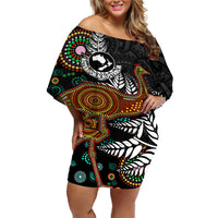 New Zealand Fern and Australia Emu Off Shoulder Short Dress Aboriginal Mix Maori Pattern