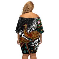 New Zealand Fern and Australia Emu Off Shoulder Short Dress Aboriginal Mix Maori Pattern