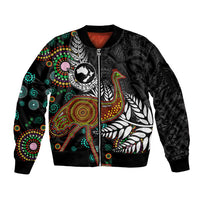 New Zealand Fern and Australia Emu Sleeve Zip Bomber Jacket Aboriginal Mix Maori Pattern LT03 Unisex Blue - Polynesian Pride