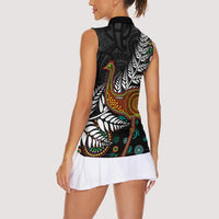 New Zealand Fern and Australia Emu Women Sleeveless Polo Shirt Aboriginal Mix Maori Pattern