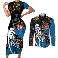 Fiji Palm Tree and Australia Kangaroo Couples Matching Short Sleeve Bodycon Dress and Long Sleeve Button Shirt Aboriginal Mix Tapa Pattern