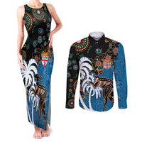 Fiji Palm Tree and Australia Kangaroo Couples Matching Tank Maxi Dress and Long Sleeve Button Shirt Aboriginal Mix Tapa Pattern
