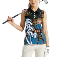 Fiji Palm Tree and Australia Kangaroo Women Sleeveless Polo Shirt Aboriginal Mix Tapa Pattern
