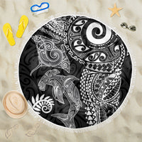 Aotearoa Maori Sea Animals Tribal Beach Blanket Manta Ray and Shark Moko Pattern Black Color LT03 One Size 150cm Black - Polynesian Pride