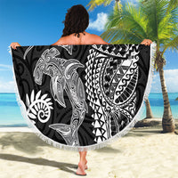 Aotearoa Maori Sea Animals Tribal Beach Blanket Manta Ray and Shark Moko Pattern Black Color LT03 - Polynesian Pride