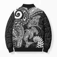 Aotearoa Maori Sea Animals Tribal Bomber Puffer Jacket Manta Ray and Shark Moko Pattern Black Color LT03 - Polynesian Pride