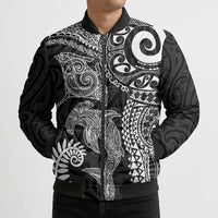 Aotearoa Maori Sea Animals Tribal Bomber Puffer Jacket Manta Ray and Shark Moko Pattern Black Color LT03 - Polynesian Pride