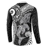 Aotearoa Maori Sea Animals Tribal Button Sweatshirt Manta Ray and Shark Moko Pattern Black Color