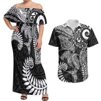 Aotearoa Maori Sea Animals Tribal Couples Matching Off Shoulder Maxi Dress and Hawaiian Shirt Manta Ray and Shark Moko Pattern Black Color LT03 Black - Polynesian Pride