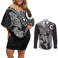 Aotearoa Maori Sea Animals Tribal Couples Matching Off Shoulder Short Dress and Long Sleeve Button Shirt Manta Ray and Shark Moko Pattern Black Color
