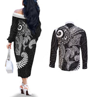 Aotearoa Maori Sea Animals Tribal Couples Matching Off The Shoulder Long Sleeve Dress and Long Sleeve Button Shirt Manta Ray and Shark Moko Pattern Black Color