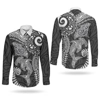 Aotearoa Maori Sea Animals Tribal Couples Matching Off The Shoulder Long Sleeve Dress and Long Sleeve Button Shirt Manta Ray and Shark Moko Pattern Black Color LT03 - Polynesian Pride