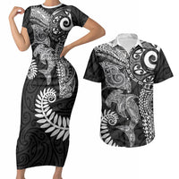 Aotearoa Maori Sea Animals Tribal Couples Matching Short Sleeve Bodycon Dress and Hawaiian Shirt Manta Ray and Shark Moko Pattern Black Color LT03 Black - Polynesian Pride