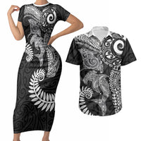 Aotearoa Maori Sea Animals Tribal Couples Matching Short Sleeve Bodycon Dress and Hawaiian Shirt Manta Ray and Shark Moko Pattern Black Color LT03 Black - Polynesian Pride