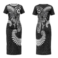 Aotearoa Maori Sea Animals Tribal Couples Matching Short Sleeve Bodycon Dress and Hawaiian Shirt Manta Ray and Shark Moko Pattern Black Color LT03 - Polynesian Pride