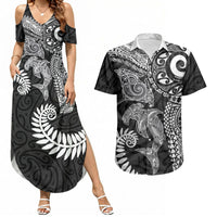 Aotearoa Maori Sea Animals Tribal Couples Matching Summer Maxi Dress and Hawaiian Shirt Manta Ray and Shark Moko Pattern Black Color LT03 Black - Polynesian Pride