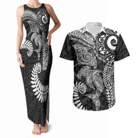 Aotearoa Maori Sea Animals Tribal Couples Matching Tank Maxi Dress and Hawaiian Shirt Manta Ray and Shark Moko Pattern Black Color LT03 Black - Polynesian Pride