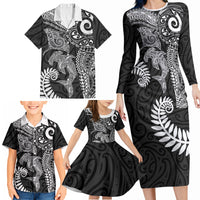 Aotearoa Maori Sea Animals Tribal Family Matching Long Sleeve Bodycon Dress and Hawaiian Shirt Manta Ray and Shark Moko Pattern Black Color LT03 - Polynesian Pride