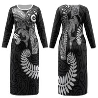 Aotearoa Maori Sea Animals Tribal Family Matching Long Sleeve Bodycon Dress and Hawaiian Shirt Manta Ray and Shark Moko Pattern Black Color LT03 Mom's Dress Black - Polynesian Pride