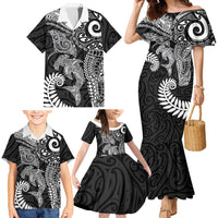 Aotearoa Maori Sea Animals Tribal Family Matching Mermaid Dress and Hawaiian Shirt Manta Ray and Shark Moko Pattern Black Color LT03 - Polynesian Pride