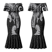 Aotearoa Maori Sea Animals Tribal Family Matching Mermaid Dress and Hawaiian Shirt Manta Ray and Shark Moko Pattern Black Color LT03 Mom's Dress Black - Polynesian Pride