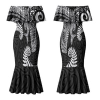 Aotearoa Maori Sea Animals Tribal Family Matching Mermaid Dress and Hawaiian Shirt Manta Ray and Shark Moko Pattern Black Color LT03 Mom's Dress Black - Polynesian Pride