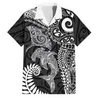 Aotearoa Maori Sea Animals Tribal Family Matching Mermaid Dress and Hawaiian Shirt Manta Ray and Shark Moko Pattern Black Color LT03 Dad's Shirt - Short Sleeve Black - Polynesian Pride