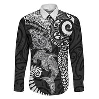 Aotearoa Maori Sea Animals Tribal Family Matching Mermaid Dress and Hawaiian Shirt Manta Ray and Shark Moko Pattern Black Color LT03 Daughter's Dress Black - Polynesian Pride