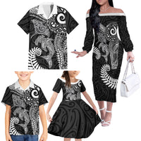 Aotearoa Maori Sea Animals Tribal Family Matching Off The Shoulder Long Sleeve Dress and Hawaiian Shirt Manta Ray and Shark Moko Pattern Black Color LT03 - Polynesian Pride