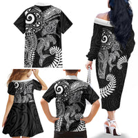 Aotearoa Maori Sea Animals Tribal Family Matching Off The Shoulder Long Sleeve Dress and Hawaiian Shirt Manta Ray and Shark Moko Pattern Black Color LT03 Mom's Dress Black - Polynesian Pride