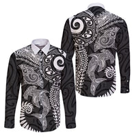 Aotearoa Maori Sea Animals Tribal Family Matching Off The Shoulder Long Sleeve Dress and Hawaiian Shirt Manta Ray and Shark Moko Pattern Black Color LT03 Dad's Shirt - Long Sleeve Black - Polynesian Pride