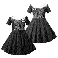 Aotearoa Maori Sea Animals Tribal Family Matching Off The Shoulder Long Sleeve Dress and Hawaiian Shirt Manta Ray and Shark Moko Pattern Black Color LT03 Daughter's Dress Black - Polynesian Pride