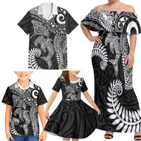 Aotearoa Maori Sea Animals Tribal Family Matching Off Shoulder Maxi Dress and Hawaiian Shirt Manta Ray and Shark Moko Pattern Black Color LT03 - Polynesian Pride