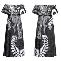 Aotearoa Maori Sea Animals Tribal Family Matching Off Shoulder Maxi Dress and Hawaiian Shirt Manta Ray and Shark Moko Pattern Black Color LT03 Mom's Dress Black - Polynesian Pride