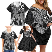 Aotearoa Maori Sea Animals Tribal Family Matching Off Shoulder Short Dress and Hawaiian Shirt Manta Ray and Shark Moko Pattern Black Color LT03 - Polynesian Pride