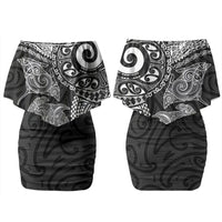 Aotearoa Maori Sea Animals Tribal Family Matching Off Shoulder Short Dress and Hawaiian Shirt Manta Ray and Shark Moko Pattern Black Color LT03 Mom's Dress Black - Polynesian Pride