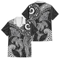 Aotearoa Maori Sea Animals Tribal Family Matching Off Shoulder Short Dress and Hawaiian Shirt Manta Ray and Shark Moko Pattern Black Color LT03 Dad's Shirt - Short Sleeve Black - Polynesian Pride