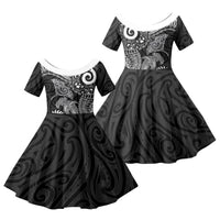 Aotearoa Maori Sea Animals Tribal Family Matching Off Shoulder Short Dress and Hawaiian Shirt Manta Ray and Shark Moko Pattern Black Color LT03 Daughter's Dress Black - Polynesian Pride