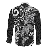 Aotearoa Maori Sea Animals Tribal Family Matching Off Shoulder Short Dress and Hawaiian Shirt Manta Ray and Shark Moko Pattern Black Color LT03 Son's Shirt Black - Polynesian Pride