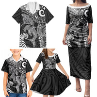 Aotearoa Maori Sea Animals Tribal Family Matching Puletasi and Hawaiian Shirt Manta Ray and Shark Moko Pattern Black Color LT03 - Polynesian Pride